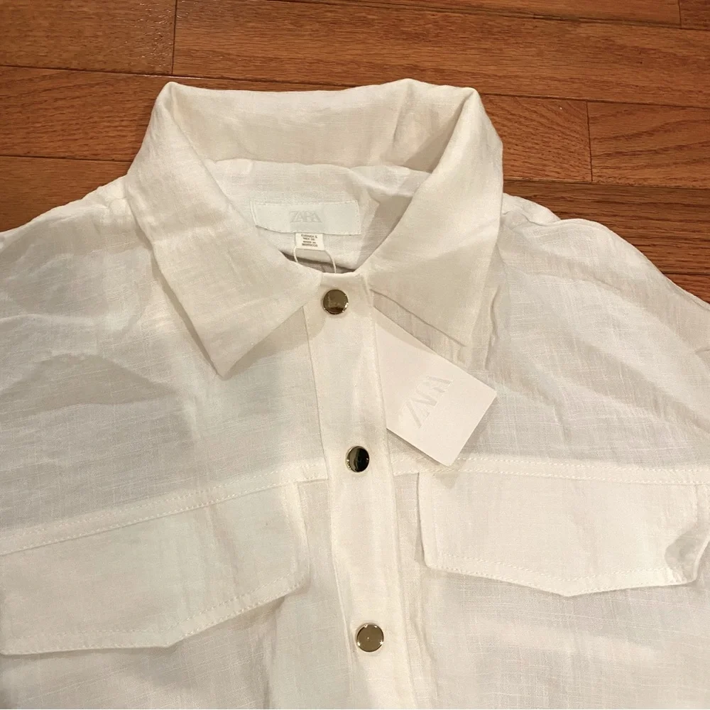 Zara NWT shirt sleeve safari blouse gold accents elastic at waist size small